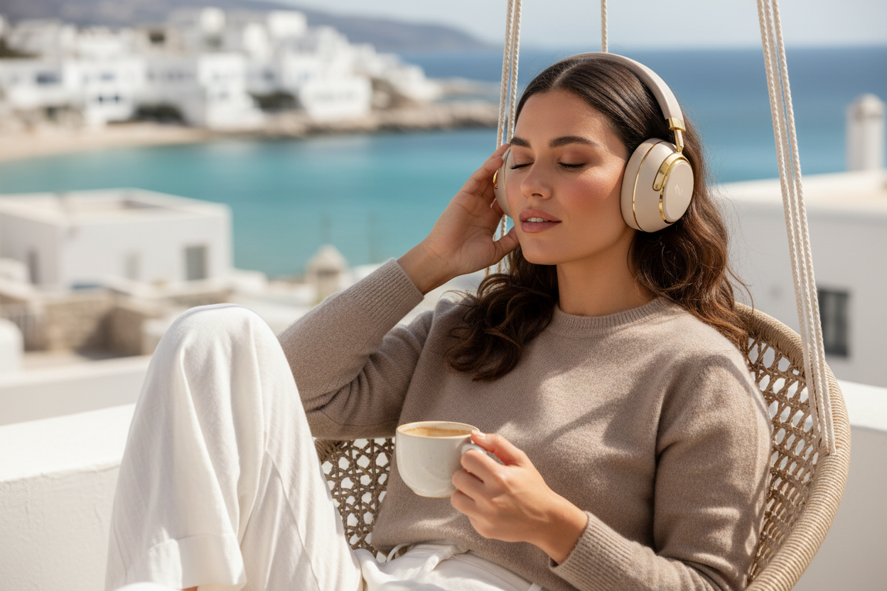 Woman Mediterranean Features Wearing Headphones